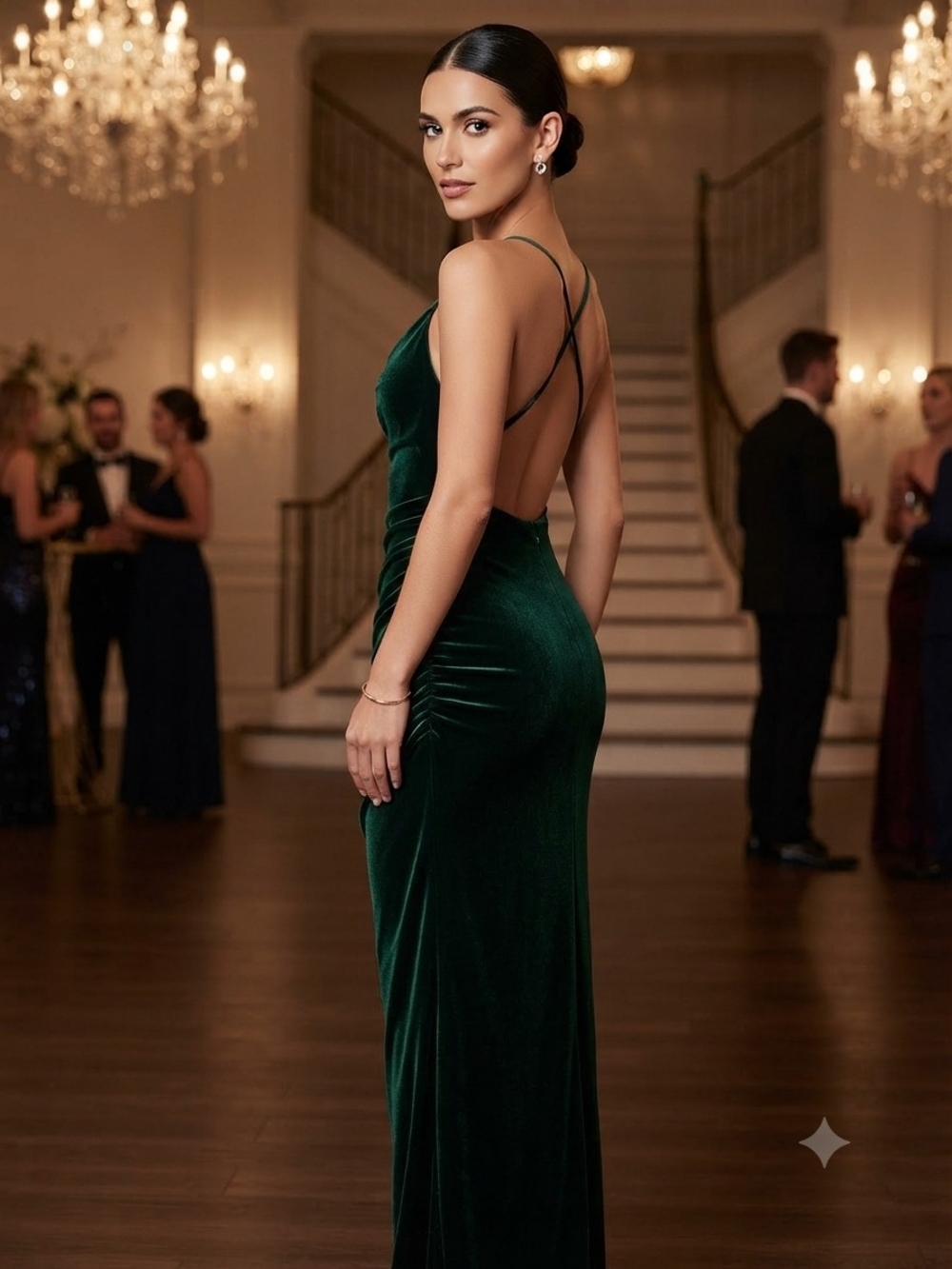 Backless Emerald Green Velvet Evening Gown with Crisscross Straps
